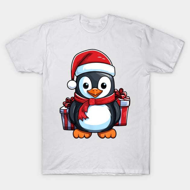 Cute Penguin Christmas Lights Santa Hat Xmas Pajama T-Shirt by Mitsue Kersting
